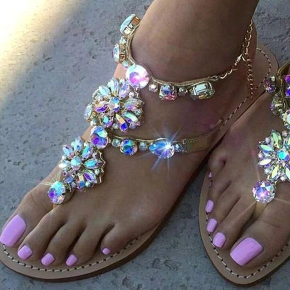 2019 Woman Sandals Fashion Shoes Rhinestones Chains Thong Gladiator Flat Sandals - Picture 1 of 14